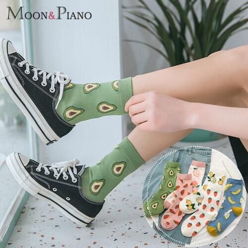 Women Socks Cute Funny Cartoon Fruit Print Avocado Banana Cherry Peach Strawberry Casual Sweet Fashion Trend Ladies Short Sock