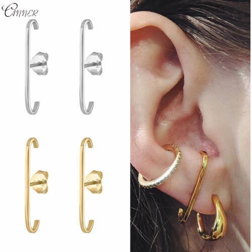 CANNER Minimalist 925 Sterling Silver Long Bar Earrings for Women Geometric E Shape Stud Earrings Vintage Party Office Jewelry