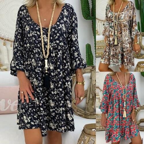 Womens Chic Floral Dress Ladies Casual Loose Plus Size Plaid Printed Long Sleeve V-neck Mini Dress Bohemian Vintage Sundresses