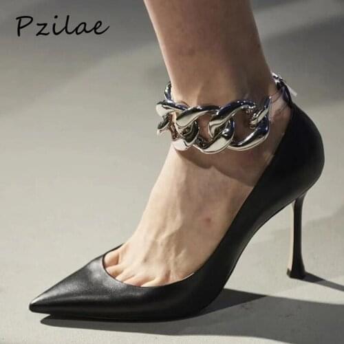 Pzilae Fashion Silver Chain Women Pumps High Heels Black PU Leather Pointed Toe Sexy Stiletto Shoes Woman Ladies Big Size 40