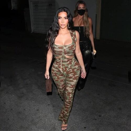 RANMO Hollow zipper high waist slim camouflage cotton print sexy girl summer 2021 hiking camping wide leg jumpsuit