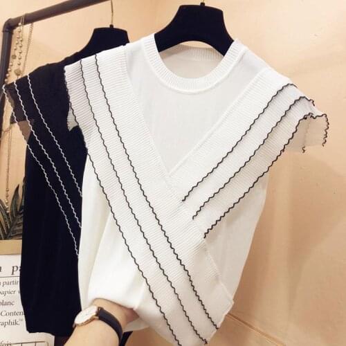 Three-layer ruffled chiffon patchwork ice silk knitted sweater female Korean version O-neck thin pullover black white top 2021 s