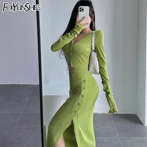 Knitted Two Piece Set Women Long Sleeve V Neck Single Breasted Top + Ribbed High Waist Buttons Up Split Maxi Skirts 2021 Fall