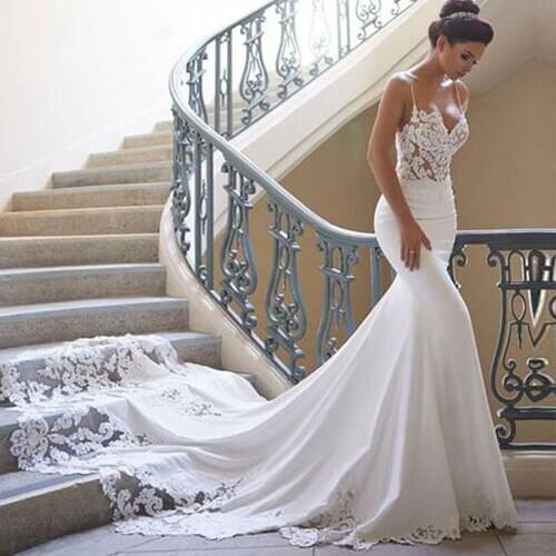 Summer Luxury Custom Made Mermaid Boho Weding Dress 2020 Spaghetti Straps Satin Appliques Sweep Train Plus Size Robe De Mariee