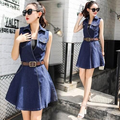 New summer large size womens sleeveless slim in the middle and long section high waist waist denim dress Send belt chest wrap