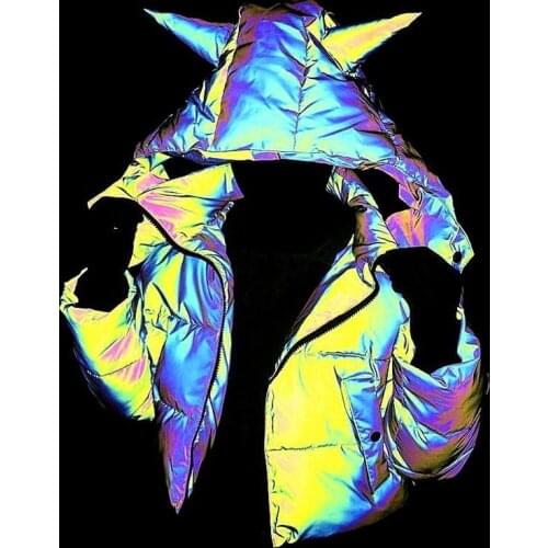 Puffer Jacket Winter Coat Women Colorful Reflective Cotton Jacket Cute Hooded Super Soft Short Hip Hop Bread Jacket