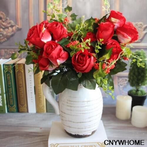 Free shippingh 9 Heads Spring Toffee Rose Decorative Silk Flowers Wedding/Home/Party Decoration Bouquet