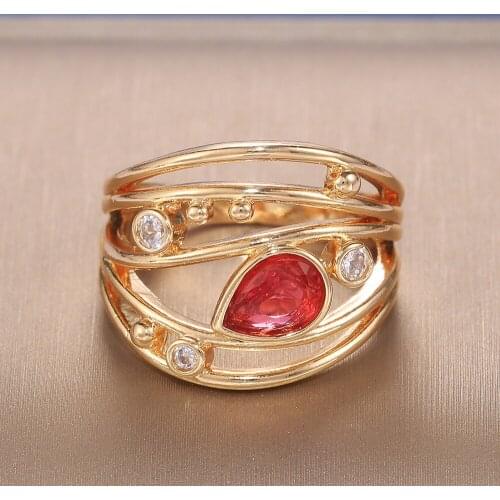 JK Fashion 5 Row Hollow Band Design Inlaid Red Crystal Zircon Gorgeous Ring for Women Wedding Dance Party Stylish Jewelry
