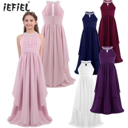 Kids Sleeveless Chiffon Bridesmaid Pleated High Waist Princess Girls Dresses for Party and Wedding Evening Formal Dress Vestidos