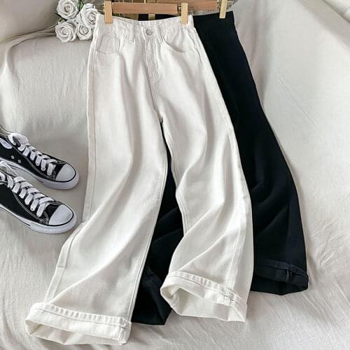 White Black Long Jeans Women Casual Streetwear Denim Pants For Women Thin Loose Large Size Straight Wide Leg Mom Jeans C7520