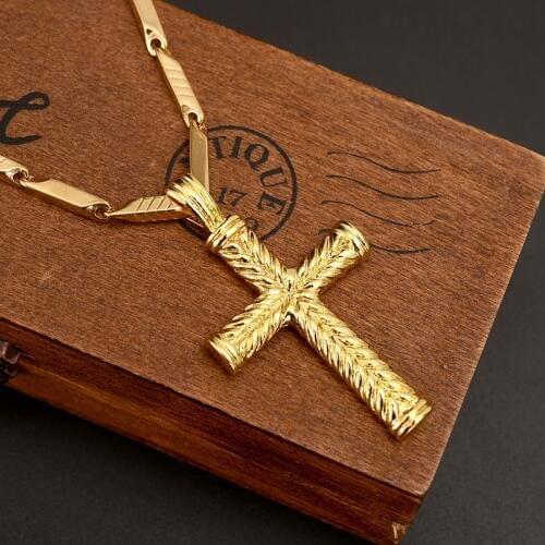 EMENS Women Large size cross 14 k Yellow Solid gold GF charms lines pndant necklace fashion christian jewelry Heavy