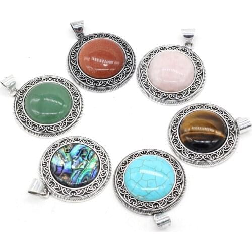 Hot Selling Natural Stone Gem Pendant Round Rose Quartz Agate Handmade DIY Necklace Jewelry Pendants Accessories Making 38x42mm