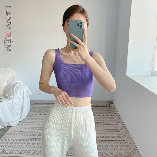 LANMREM Pleated Sleeveless Vest For Women 2021 Summer Square Neckline Solid Color Short Length Female Thin Camisole Top 2D6166