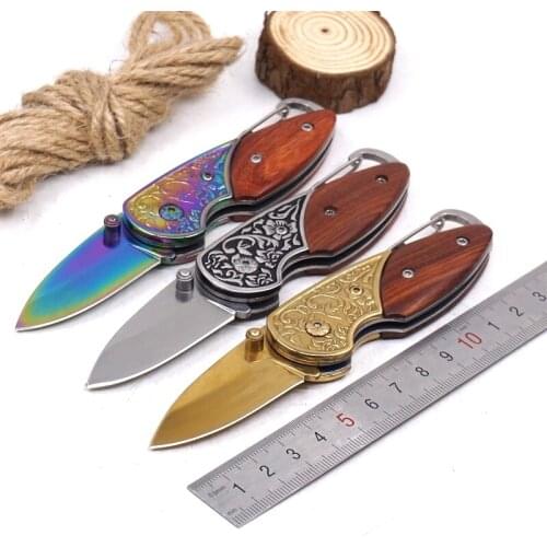 Mini Keychain Knife Survival Tactical Knife Combat Folding Camping Hunting Pocket Knives EDC Outdoor Wood handle Multi Tool