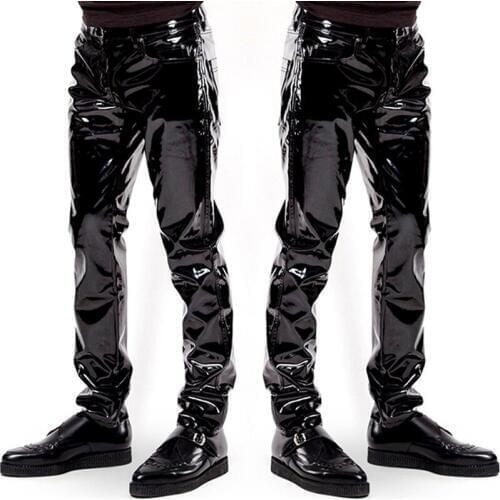 Mens Elastic Faux Leather PVC Pants Motorcycle Ridding Black Slim Fit Dance Party Trousers Wetlook Patent Leather Pants for Male