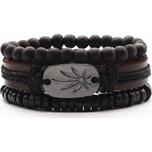 Wood Beads Strand Genuine Leather Men Bracelets Women Pulsera Flower Feather Maple Leaf Charm Bangles Homme Male Gift Jewelry