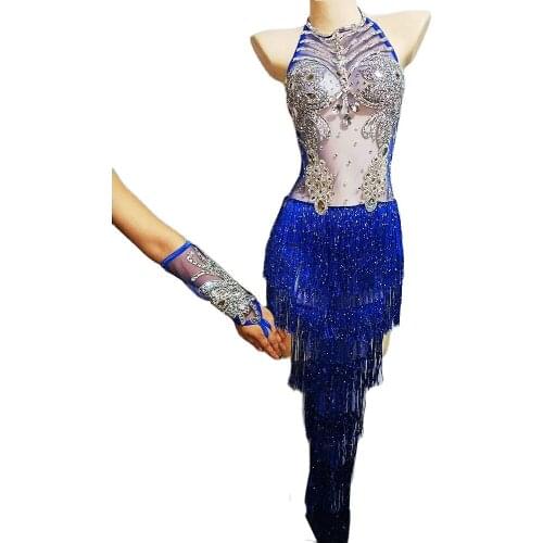 Perspective Dance Wear Mesh Gauze Royal Blue Long Fringes Bodysuit Party Evening Bodycon Nightclub Costumes Performance Suit