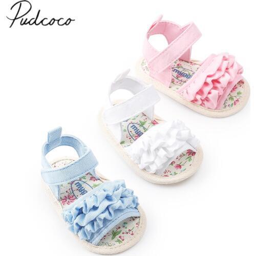 2018 Brand New Toddler Infant Newborn Baby Girl Flower Sandals Summer Casual Crib Shoes Ruffled Floral First Walker 0-18M