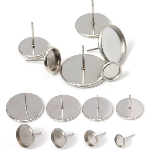 20pcs 6-20mm Stainless Steel Ear Stud Cabochon Earrings Backs Findings For DIY Jewelry Making Earrings Base Blank Bezel Tray