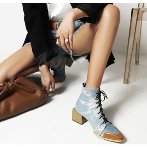 Ochanmeb Chic Square Block Heels Booties Women Big Plus Oversized 48 Denim Jean Boots Woman Cross Tied Lace up Plaid Shoe Winter