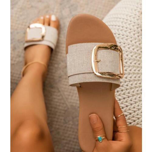 Women Brand Slippers Flat Slides Elegant Woman Casual Shoes Slip On Square Toe Low Heel Shoes Ladies Sandals Metal Decoration 41
