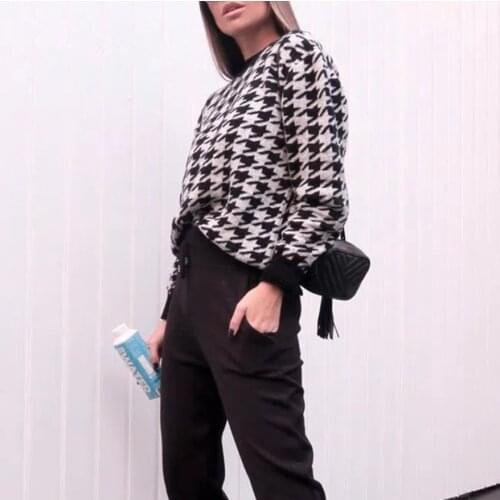 European and American autumn and winter new womens fashion houndstooth knitted casual retro sweater