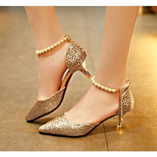 Sexy Pointed toe Pearl High heels shoes Female Fashion hollow with Sandals Paillette of the Thin Breathable shoes Women Pumps