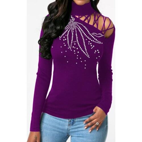 2021 Diamond Hollow Out Women Long Sleeve T Shirt Off Shoulder Cross Sexy Clothes Cut Out Diamonds Solid Color Fashion T-shirts