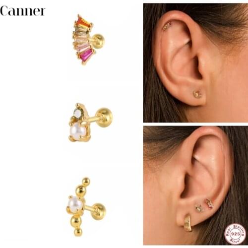 Canner 925 Sterling Silver Stylish Pearl Zircon Women Stud Earrings Exquisite Spiral Puncture Bone Nail Earring Fashion Jewelry