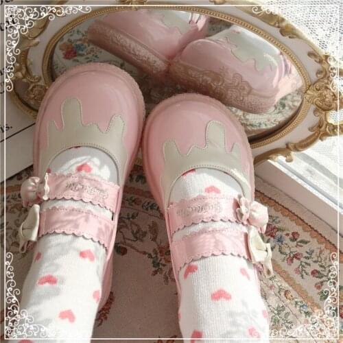 Kawaii Lolita Shoes Cute Sweet Girl Round Head Mid Heel 3.5cm Bow Women Shoe Cosplay Anime Pu Gothic Icecream Style Loli Goth