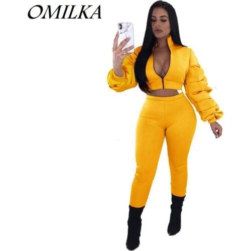 OMILKA Front Zipper Crop Top and Long Pant Set 2018 Autumn Women Puff Sleeve Black Yellow Beige Club 2 Piece Tracksuits Set