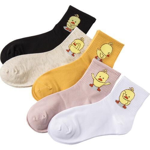 1 Pair of Comfortable and soft Womens Cotton socks Fashion Cartoon Embroidery Series Small Yellow Duck Embroidery Pattern socks