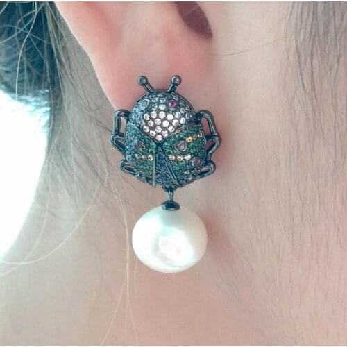 10x12mm White freshwater Pearl gunmetal color plated cubic zirconia micro pave Beetle Earrings animal earrings for women