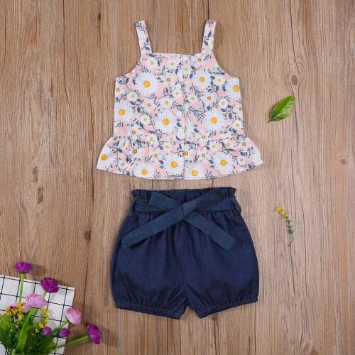 2021 Children Floral Print Clothes Set, Girls Sleeveless Square Collar Sling Tops+Shorts Jeans with Waistband
