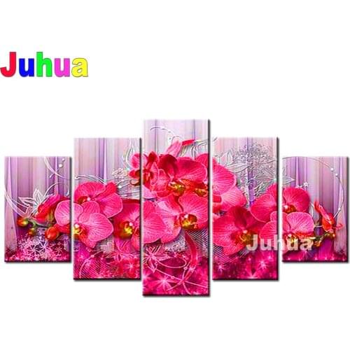 5 Panel Diamond painting Pink Orchid Flowers,5d diamond mosaic,Cross stitch, rhinestone embroidery art diamond Home Art