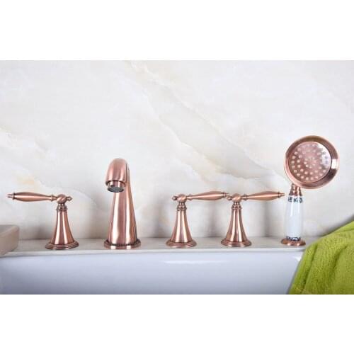 Antique Red Copper Brass Widespread Three Handles Deck Mounted 5 Holes Bathroom Tub Faucet Mixer Tap With Handshower mtf196