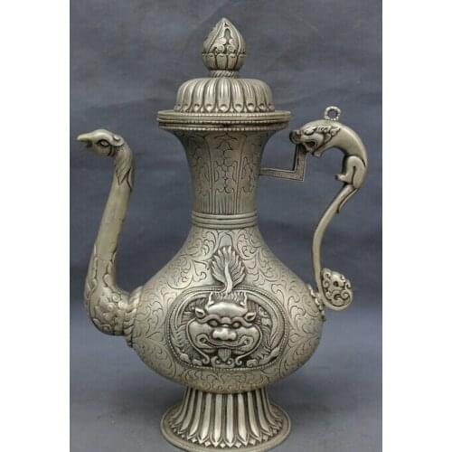 Fast shipping USPS to USA S1500 13" Tibet Silver Auspicious Wealth Dragon Phoenix Head Statue Wine Pot Teapot