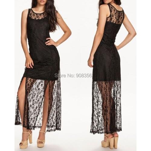 Maxi Long Dress Black Floral Embroidery Lace Dress Ankel Length Evening Party Elegant Dresses Slimming Split Side Vintage Dress