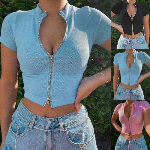 Womens Rib Knit Crop Tops Solid Color Short Sleeve V-Neck Double Head Zipper Slim Skinny T-Shirt Wild Stylish Chic Sexy Shirt