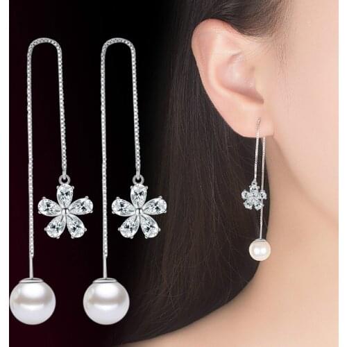 Elegant Crystal Pearl Tassel Earrings Silver-plated Ear Line Long Drop Earrings For Women Earing Jewelry Earings Dangle Earring