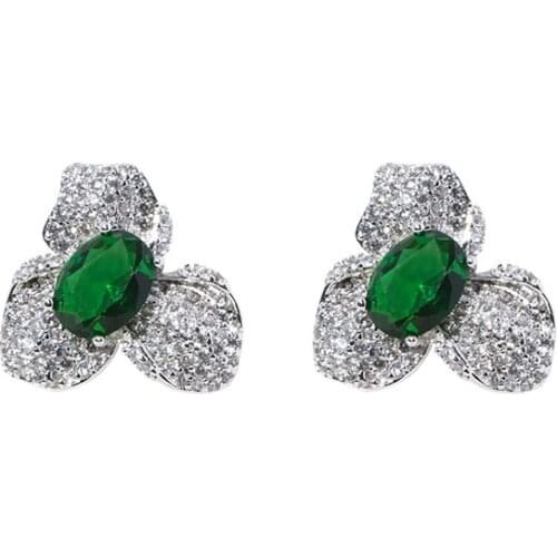 Exquisite Inlaid Zircon Emerald Flower Womens Jewelry Stud Earrings Zircon Korean Earrings