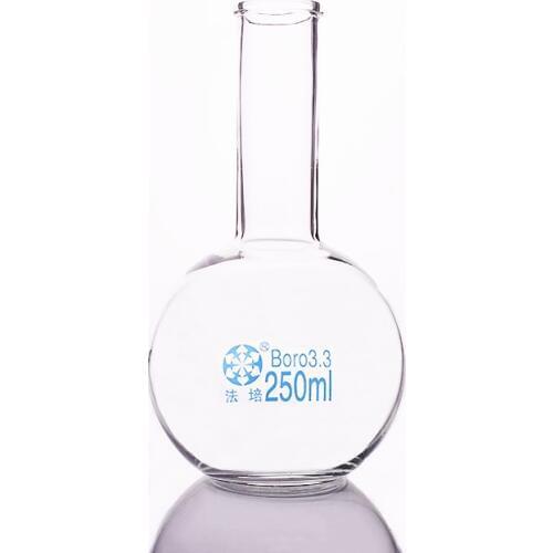 Boiling flask flat bottom long narrow neck,Capacity 250ml,The O.D. of the neck is about 30mm,Long neck flask with normal mouth