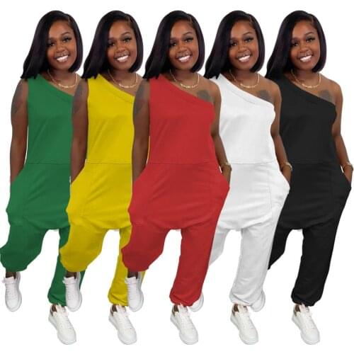 Streetwear Womens Solid One Shoulder Asymmetric Romper Sleeveless Loose Pants Stretchy Long Jumpsuit with Pockets Sportswear