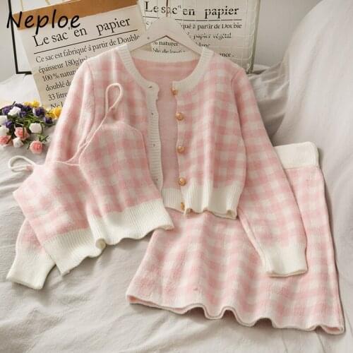 Neploe Sweet Cute 3 Piece Set New O-neck Single Breasted Loose Cardigans + Sexy Camis + Mini Skirt Chic Plaid Women Suit