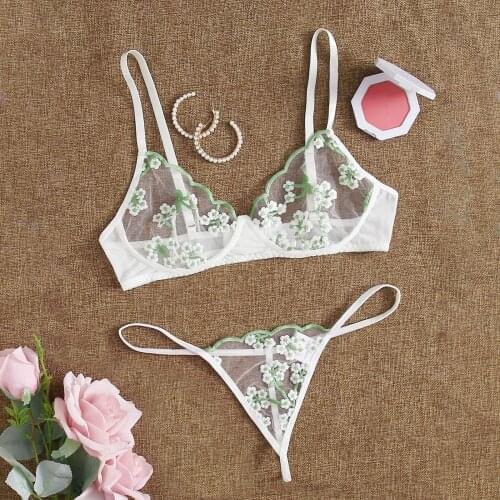 Floral Embroidery Lingerie Set Women Exotic Underwear Transparent Mesh Bra G-string Sets Sexy Nightwear Lenceria Para Mujer