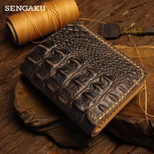 Handmade Genuine Leather Mens Wallet Crocodile Pattern Short Wallet With 6 Credit Card Slots Money Bag
