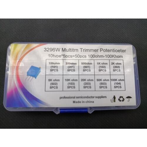50pcs Potentiometer kit 100R 200R 500R 1K 2K 5K 10K 20K 50K 100K Adjust Resistor 3296w-101/201/501/102/202/502/103/203/503/104