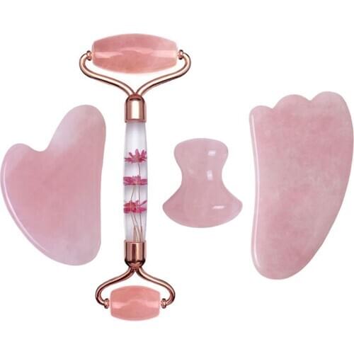 New Rose Quartz Gouache Scraper Face Massage Jade Roller Set Natural Gouache Stone Facial Roller Jade Massager Gua sha Scraper