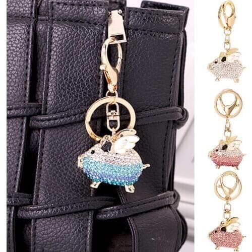 Fashion Rhinestone Inlaid Fly Pig Zodiac Pig Car Pendant Keychain Key Ring Holder Hanging Decoration For Woman Gifts