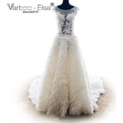 VARBOO_ELSA Luxury Beaded White Wedding Dresses 2018 vestido de noiva Long A-line Bridal Gowns Lace Appliques Wedding Gown Dubai
